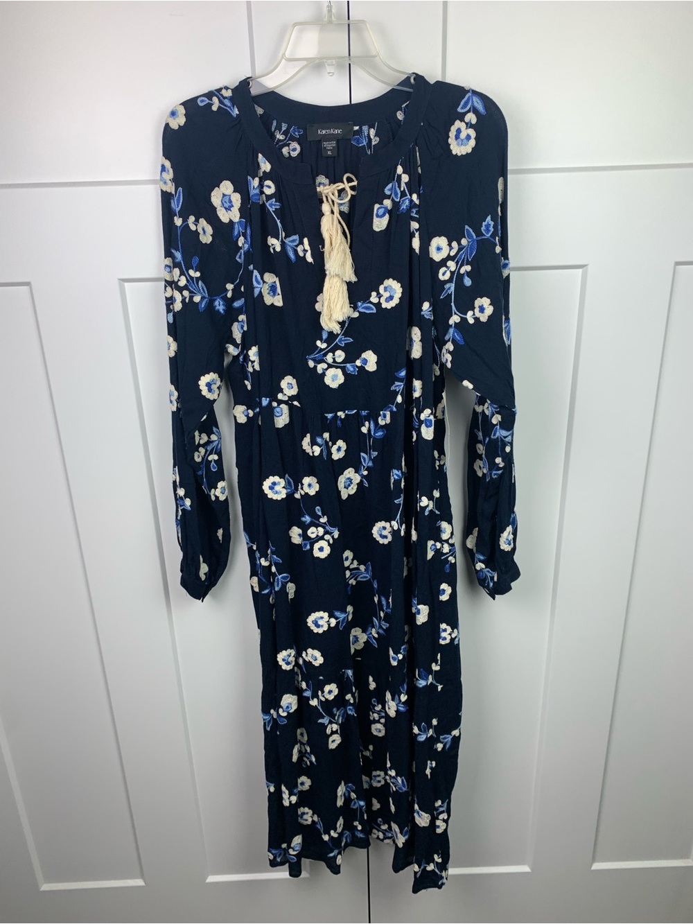 Karen Kane Folk Tale Peasant Dress XL Blue Embroidered Floral Midi Tassel boho